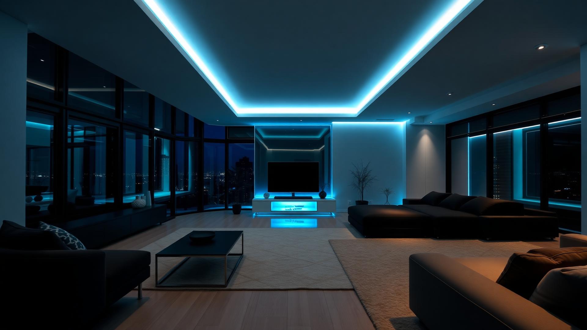 Luxury smart home living room at night with architectural LED lighting