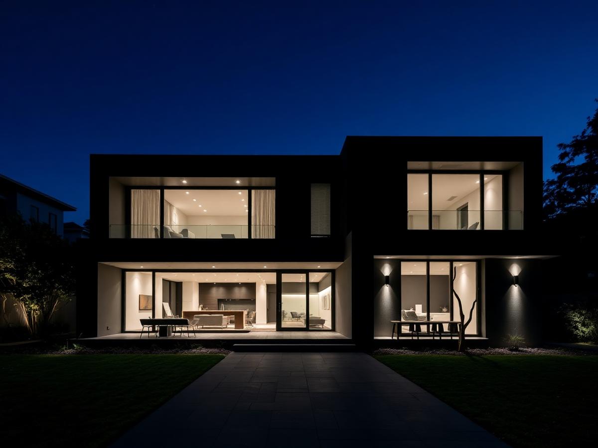 Modern smart villa at dusk with architectural exterior lighting